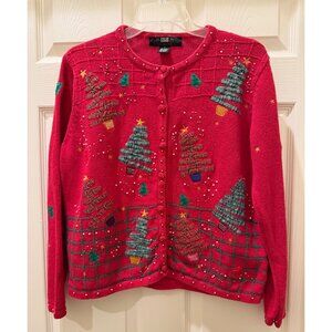 Vintage Segue Holiday Sweater With Festive Trees & Beaded Embellishments